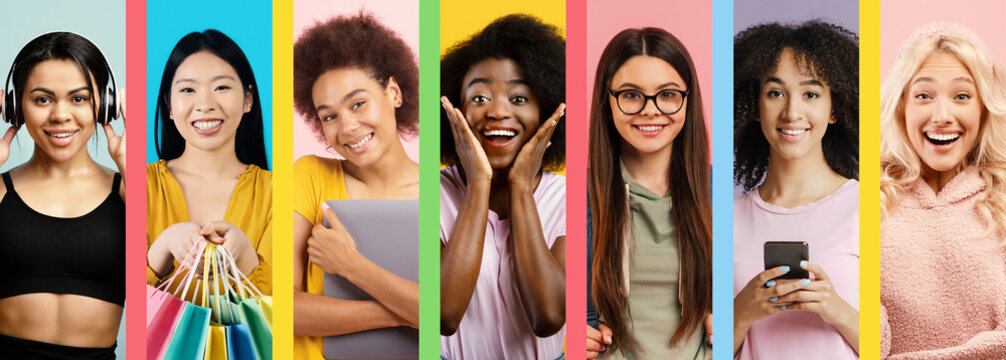 A vibrant collage shows a group of diverse young women engaged in different activities like shopping and using smartphones. Each woman displays a joyful expression against colorful backgrounds.