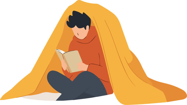 Boy reading book inside blanket fort cozy reading time illustration concept for imagination and learning
