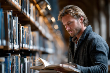 Young man reading book in quiet library during afternoon study session