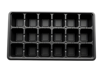 Empty black plastic tray for starting seeds or propagating plants, featuring eighteen square cells transparent background