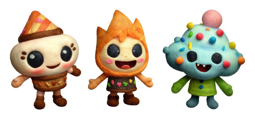 Obraz premium Colorful Plush Dolls Featuring Festive Themes with Cute Expressions and Soft Textures