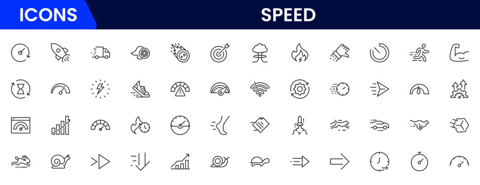 Speed and performance icon set. Containing fast, productivity, indicator, turbo, speeding and speedometer icons. Thin line icon collection. Vector illustration.