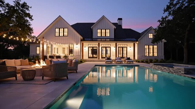 Luxury modern farmhouse exterior with swimming pool and fire pit seating area illuminated at twilight