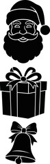 Obraz premium Black silhouette icons featuring Santa Claus face present box and festive jingle bell perfect for holiday design elements