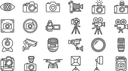 Photography and videography outline icons set including camera, lens, tripod, lighting and recording equipment, clean vector collection for media and creative design