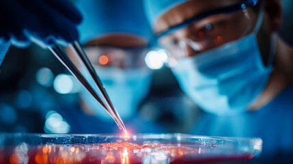Surgeons in sterile masks performing a precise medical procedure with tweezers under bright clinical lighting