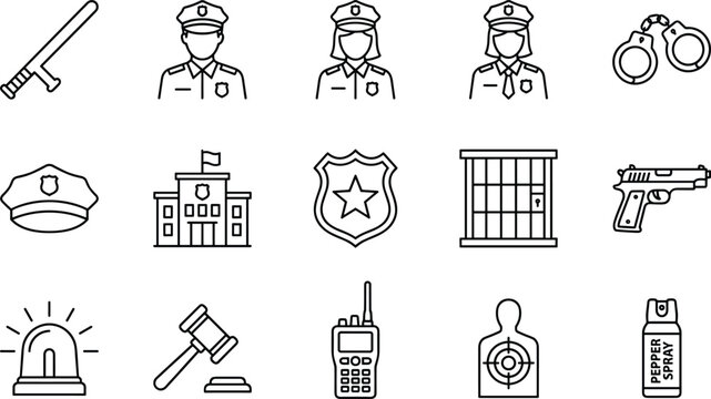 Police and law enforcement outline icons set including officer, badge, handcuffs, weapon and security symbols, clean vector collection for safety and justice design