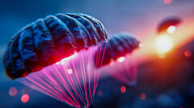 Multiple glowing parachutes deploy in the sky, illuminated by vivid pink and blue light in a cinematic atmosphere