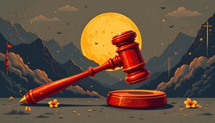 Justice's Verdict: A symbol of law and order, a red gavel rests upon a wooden base against a backdrop of a warm moon in a serene, nature scene. Capturing the essence of legal decisions, authority.