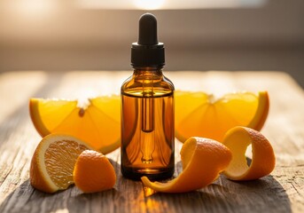 Orange essential oil bottle with fresh citrus slices 
