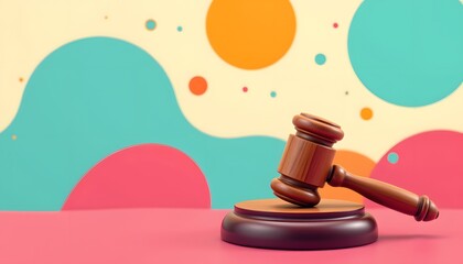 Gavel and Justice: A wooden gavel rests on a round block against a backdrop of colorful, abstract shapes, symbolizing justice and the legal system.