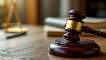 Justice in Focus: A close-up of a wooden gavel, the emblem of authority and justice, resting on a rustic wooden table alongside a set of scales, hinting at the balance of law. A timeless scene.