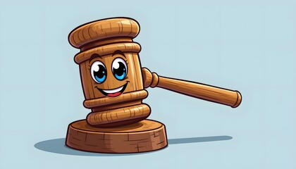 Happy Gavel in Court: A whimsical animated gavel with a cheerful expression smiles, representing the essential symbol of justice and order in a legal setting.