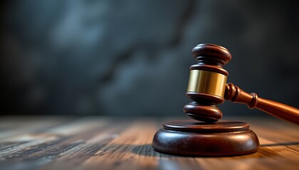 Legal Decree: A gavel rests poised on its block atop a weathered wooden table, set against a blurred, imposing backdrop, embodying justice and legal process.