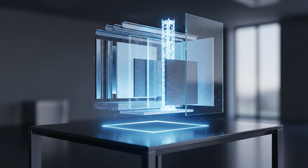 Abstract digital structure glowing with blue light, representing advanced data processing and innovative technological architecture within a modern interior setting, symbolizing future progress
