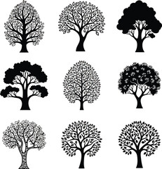 Obraz premium Set of Nine Black and White Tree Silhouettes Different Styles Graphic Illustrations for Nature Ecology Design Element Isolated on White
