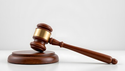 Symbol of Justice: A finely crafted gavel rests on a wooden block, signifying the weight of the law, authority, and the meticulous process of legal proceedings.