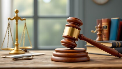 Justice Served: A close-up shot of the scales of justice, a wooden gavel resting on a sound block and a collection of law books, capturing the essence of legal proceedings.