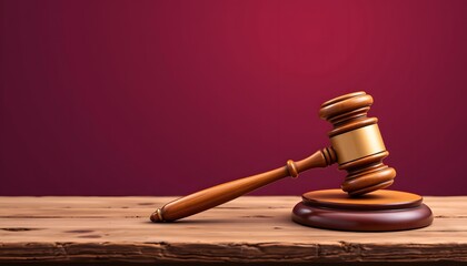 Wooden Gavel on Wooden Table: A symbol of law and order, a wooden gavel rests on a wooden block, set against a deep red background. The image evokes themes of justice, decisions, and the legal system.