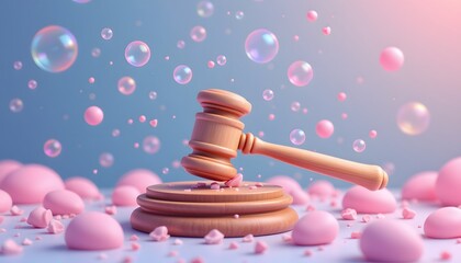Justice Bubble: A gavel rests on its stand amidst a whimsical flurry of pink spheres and bubbles, symbolizing the delicate balance of justice and its impact.