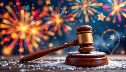 Gavel and Fireworks Display: A wooden gavel rests upon a wooden block against a background of festive fireworks, celebrating a significant legal or ceremonial event.