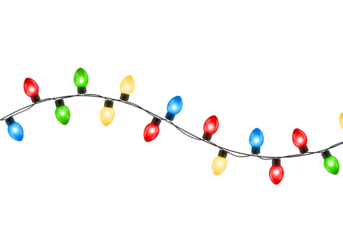 A vibrant string of traditional multi-colored christmas lights against a stark black background