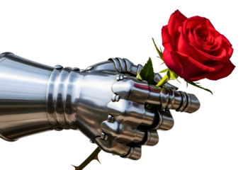 A metal gauntlet, blending knightly armor and robotic aesthetics, delicately holds a vibrant red rose