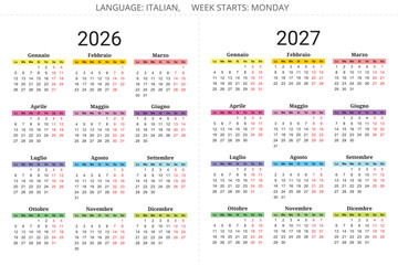 2026, 2027 year calendar. Italian language. 12 months. color vector illustration for Italy