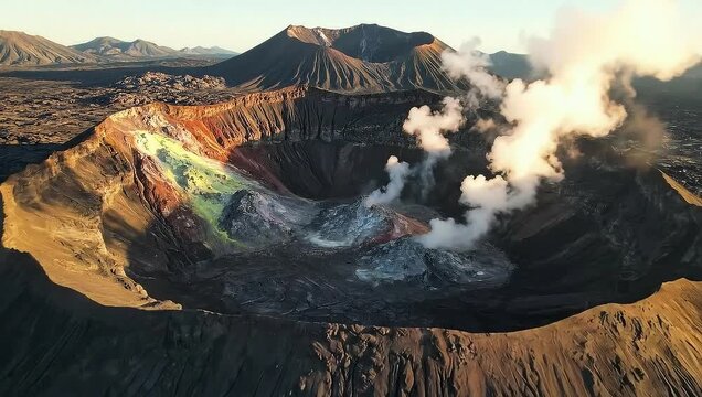 Aerial View of Mount Bromo Volcano Crater with Smoke and Landscape.