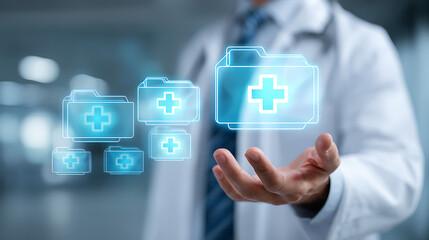 Doctor displaying digital medical records with glowing blue crosses healthcare technology