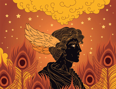 hypnos greek god of dreams surrounded by peacock feathers at night