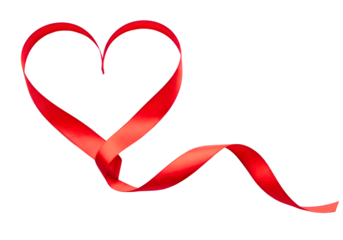A vibrant red ribbon forming a symbolic heart shape against a deep black background, conveying love and passion a transparent background