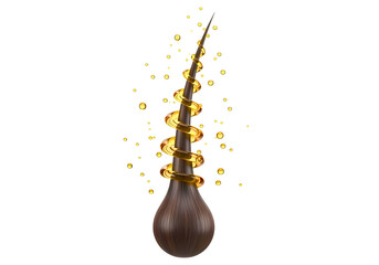 A vibrant 3d illustration of a single hair strand with a golden nourishing essence for hair care