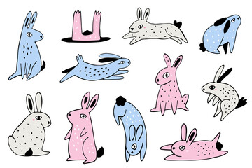 Cute Colorful Rabbits Set. Hand Drawn Bunny Characters Vector Illustration for Kids Prints and Stickers.