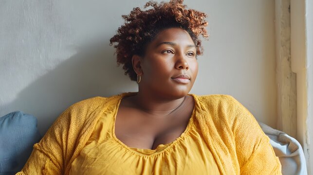 Woman with a large bust is sitting on a couch in a yellow shirt. She has a serious expression on her face