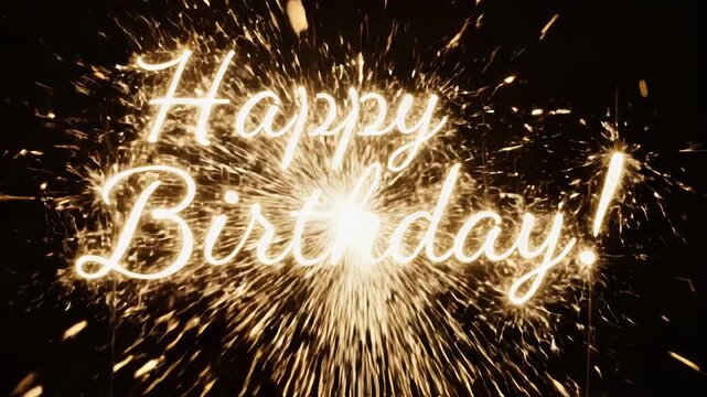 Sparkler writing the words happy birthday in elegant script against a dark background with bright golden light effect