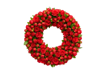 A vibrant red rose wreath showcasing profound beauty and heartfelt sentiment on a black background