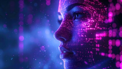 AI Identity Concept: Fragmented digital human face rendered in code patterns in virtual environment