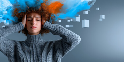 Woman Experiencing Stress with Colorful Energy Cloud