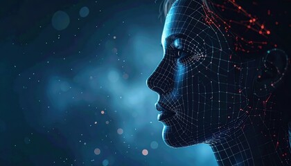 Obraz premium Machine Learning Perception: Facial mesh grid overlay on human silhouette in dark tech 