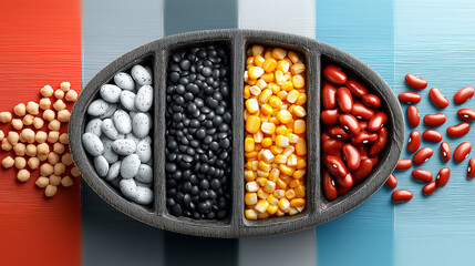 Wooden container with four types of beans and corn