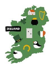 Ireland Map Design with Irish Icons &ndash; Cultural Vector Illustration