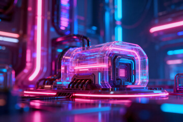 Futuristic Neon-Lit Tech Component in Cyberpunk Setting