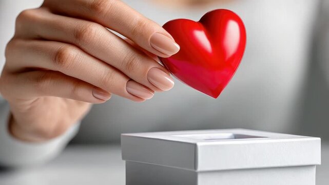 Graceful womans hand with nude manicure gently places a red heart into a white gift box, evoking love, giving, charity, romance, and a thoughtful Valentine's or anniversary present
