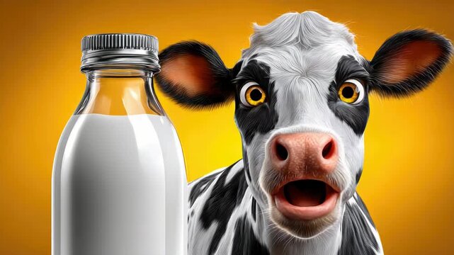 Cute animated cow with exaggerated eyes happily chatting or serenading beside a bottle of creamy milk, set against a bright yellow backdrop. Symbolizing wholesome and pure dairy goodness