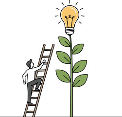 Businessman climbing ladder toward growing plant with shining light bulb idea concept success growth innovation achievement career development inspiration goal © Hoody Baba