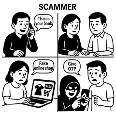 Scammer phone fraud and OTP phishing scenes in line art, Transparent Background