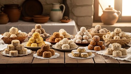 Assorted traditional European cookies and biscuits displayed on wooden table in rustic kitchen setting