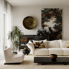 Bold japandi interior design with modern contrast, natural textures and refined furniture composition creating a calm yet confident living space with strong visual balance. 3D illustration