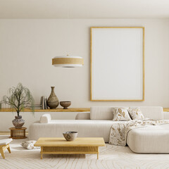 Modern Japandi mock-up scene with ceramic vase, rattan detail, and bonsai plant in refined neutral daylight atmosphere. 3D illustration.